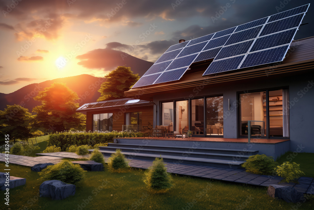 residential houses with photovoltaic solar panels. Alternative and Renewable energy concept, generative AI	
