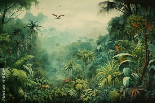 Vintage green painting of a tropical forest with palm trees and birds. Generative AI