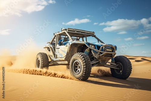 Off-road buggy car in Qatar desert's sand dunes. Generative AI
