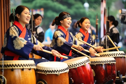 Group of women playing drums, traditional korean festival. Generative AI