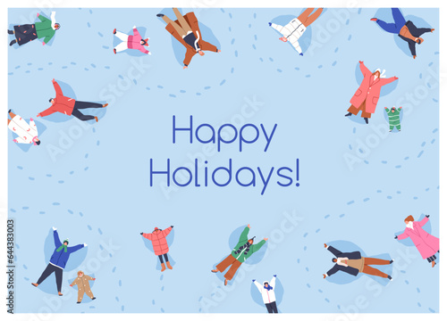 Happy winter holiday, greeting card background. People, children making snow angels on wintertime vacations. Outdoor fun in snowy cold weather, Christmas mood postcard. Flat vector illustration