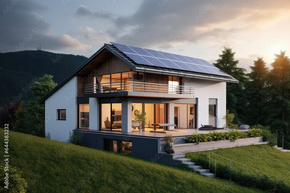 residential houses with photovoltaic solar panels. Alternative and Renewable energy concept, generative AI	
