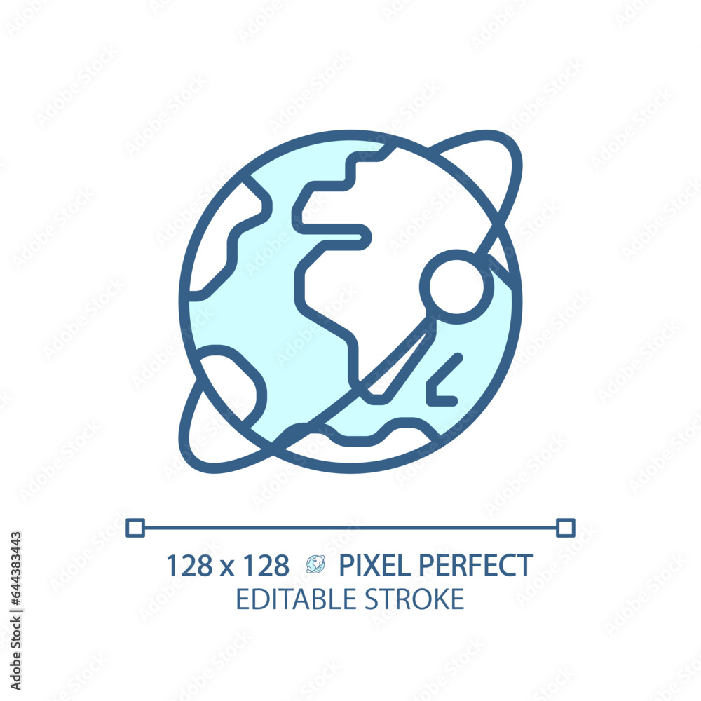 Orbit pixel perfect light blue icon. Satellite tracking. Planetary motion. Earth planet. Solar system. RGB color sign. Simple design. Web symbol. Contour line. Flat illustration. Isolated object Orbit pixel perfect light blue icon. Satellite tracking. Planetary motion. Earth planet. Solar system. RGB color sign. Simple design. Web symbol. Contour line. Flat illustration. Isolated object
