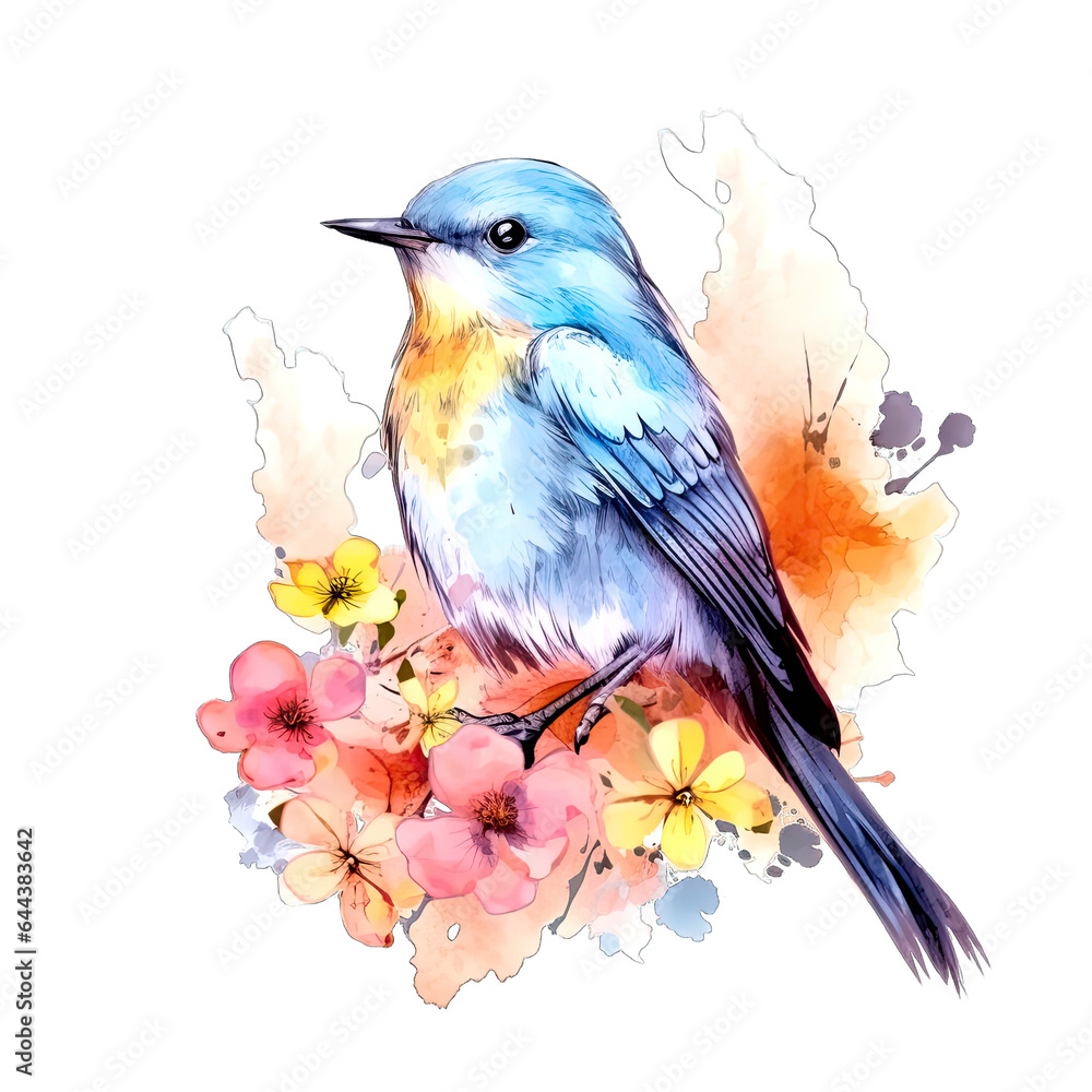 Watercolor Illustration Cute Birds and Flowers For Decoration on Transparent Background PNG V5