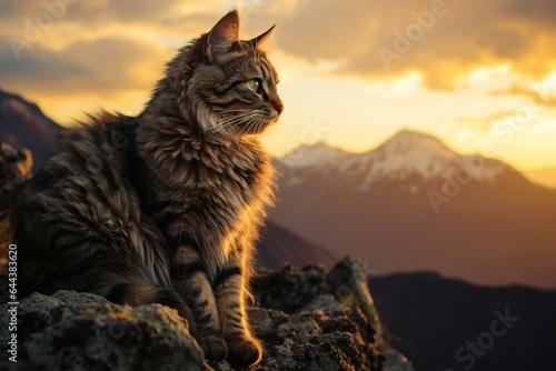 Image of a feline friend sitting on a mountaintop. Generative AI