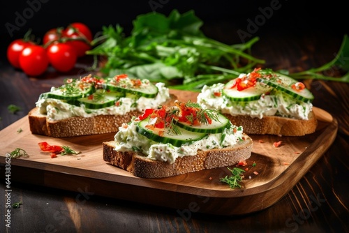 Closeup of delicious sandwiches made with cream cheese and fresh vegetables on a wooden board. Generative AI