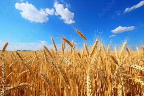 Late summer harvest of golden wheat field under a blue sky. Generative AI