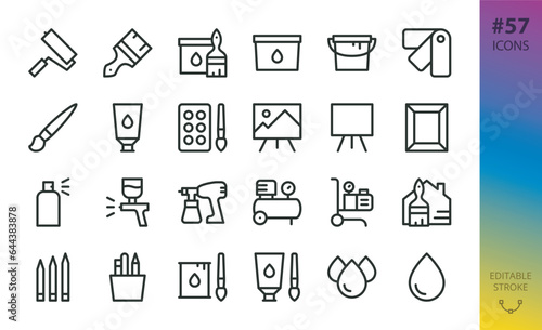 Painting isolated icons set. Set of paint roller, paintbrush, varnish, paint bucket, color palette, easel, picture frame, spray gun, house renovation, pencils vector icon with editable stroke