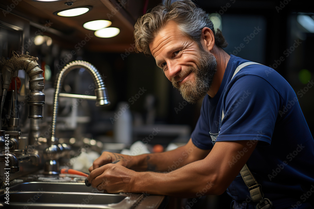 Obraz premium A Proud and Smiling Plumber Ready to Expertly Repair a Faucet in a Kitchen Setting. created with Generative AI