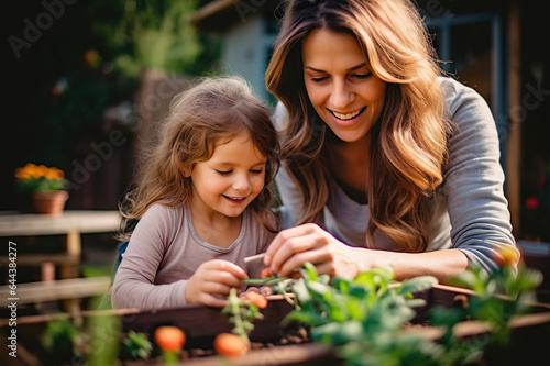 A Heartwarming Moment of a Mother and Young Daughter Gardening, Nurturing Nature's Beauty and Their Bond.. created with Generative AI