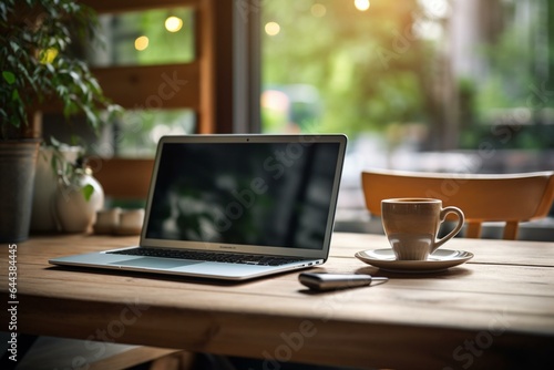 Contemporary workspace with coffee & laptop symbolizing effective home business. Generative AI