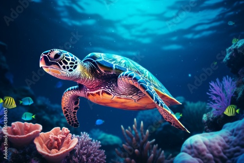 Neon turtle in vibrant retrowave style  swimming gracefully in the mesmerizing underwater world. Generative AI