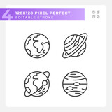 Planets pixel perfect linear icons set. Astronomy education. Space body. Planetary system. Milky way. Customizable thin line symbols. Isolated vector outline illustrations. Editable stroke