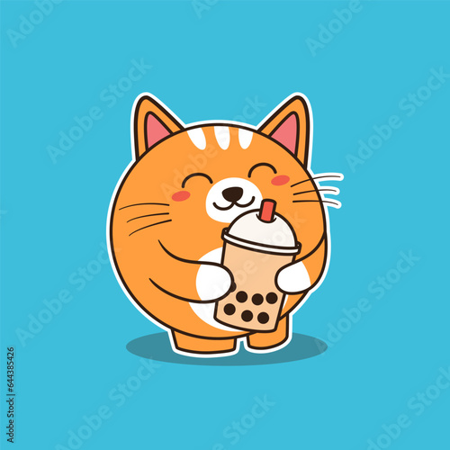 Cute Orange Cat Hugging Bubble Tea Vector Illustration