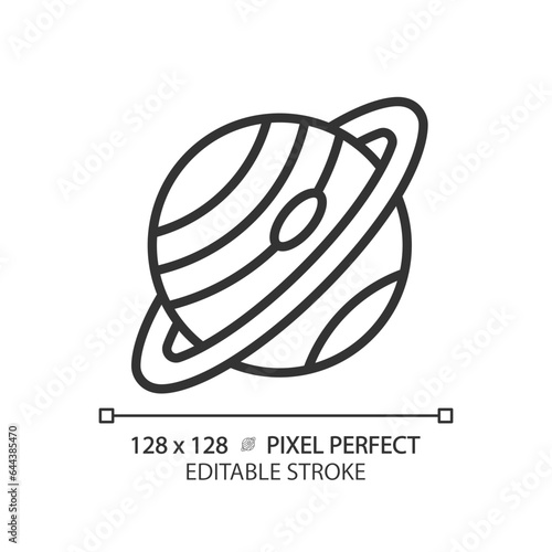 Saturn pixel perfect linear icon. Ring planet. Deep space. Planetary astronomy. Science project. Solar system. Thin line illustration. Contour symbol. Vector outline drawing. Editable stroke