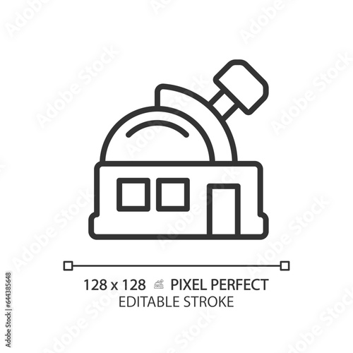 Observatory pixel perfect linear icon. Research facility. Space exploration. Astronomy education. Night sky. Thin line illustration. Contour symbol. Vector outline drawing. Editable stroke