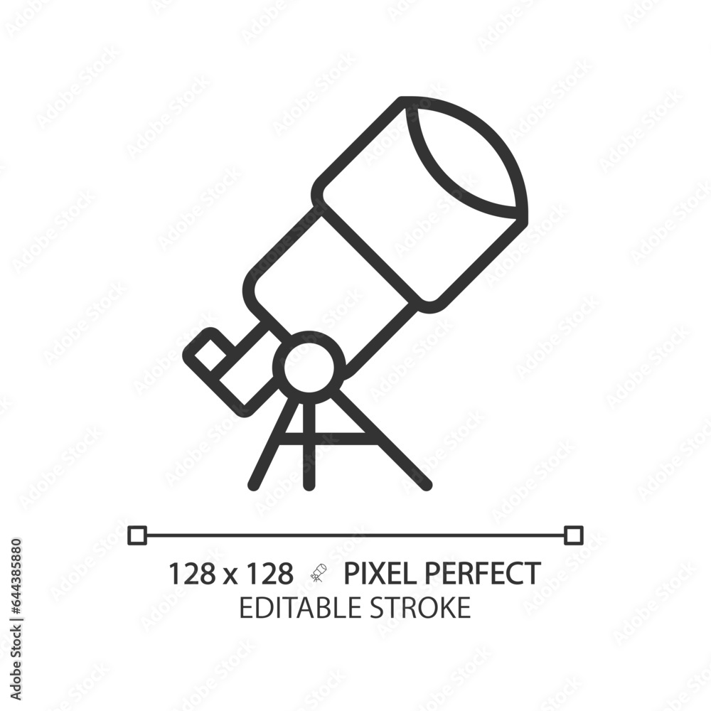 Telescope pixel perfect linear icon. Star gazing. Space discovery. Planetary science. Astronomy education. Thin line illustration. Contour symbol. Vector outline drawing. Editable stroke Telescope pixel perfect linear icon. Star gazing. Space discovery. Planetary science. Astronomy education. Thin line illustration. Contour symbol. Vector outline drawing. Editable stroke