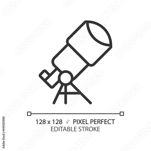 Telescope pixel perfect linear icon. Star gazing. Space discovery. Planetary science. Astronomy education. Thin line illustration. Contour symbol. Vector outline drawing. Editable stroke