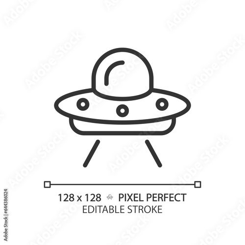 Ufo pixel perfect linear icon. Unidentified flying object. Extraterrestrial life. I want to believe. Outer space. Thin line illustration. Contour symbol. Vector outline drawing. Editable stroke