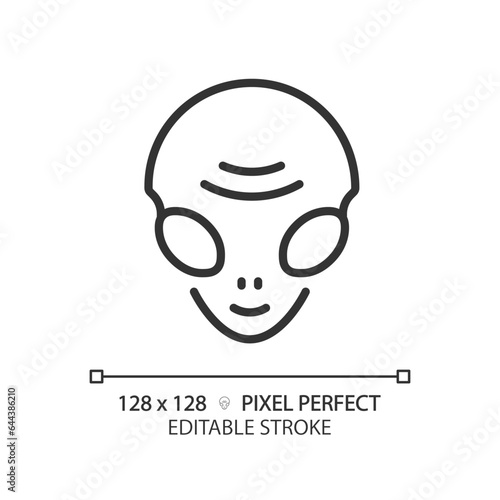 Alien face pixel perfect linear icon. Extraterrestrial life. Ufo sighting. Science fiction. Paranormal activity. Thin line illustration. Contour symbol. Vector outline drawing. Editable stroke