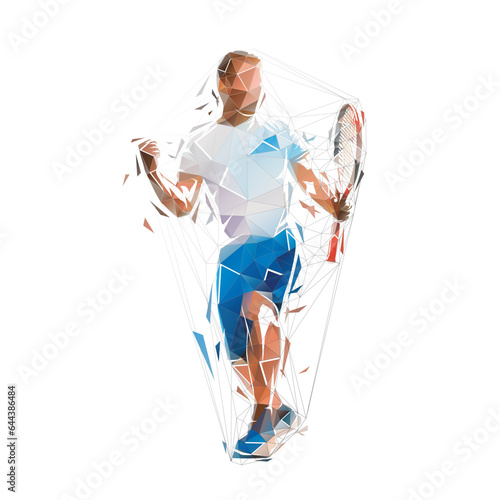 Tennis player celebration, isolated low poly vector illustration. Tennis player logo