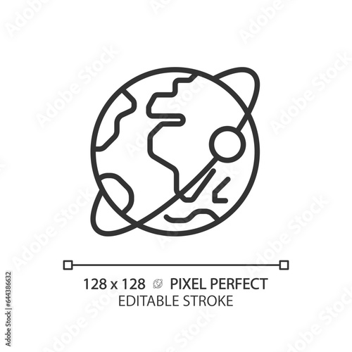 Orbit pixel perfect linear icon. Satellite tracking. Planetary motion. Earth planet. Solar system. Globe world. Thin line illustration. Contour symbol. Vector outline drawing. Editable stroke