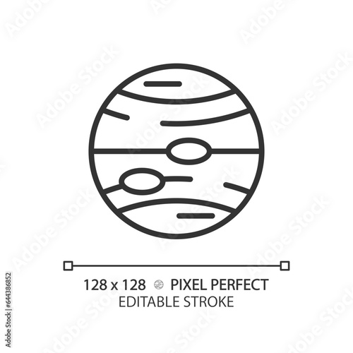 Jupiter pixel perfect linear icon. Planetary astronomy. Solar system. Space mission. Science education. Thin line illustration. Contour symbol. Vector outline drawing. Editable stroke