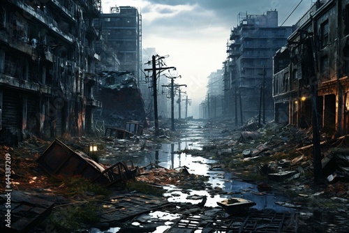 an abandoned urban landscape with destroyed buildings and debris. Generative AI