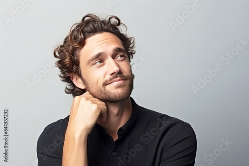 Thoughtful dreamy attractive man enjoying calm leisure time at home, looking away in deep thoughts with pensive face, dreaming, thinking over good future plan