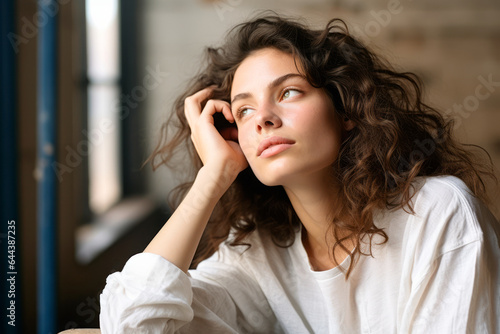 Thoughtful dreamy attractive woman enjoying calm leisure time at home, looking away in deep thoughts with pensive face, dreaming, thinking over good future plans