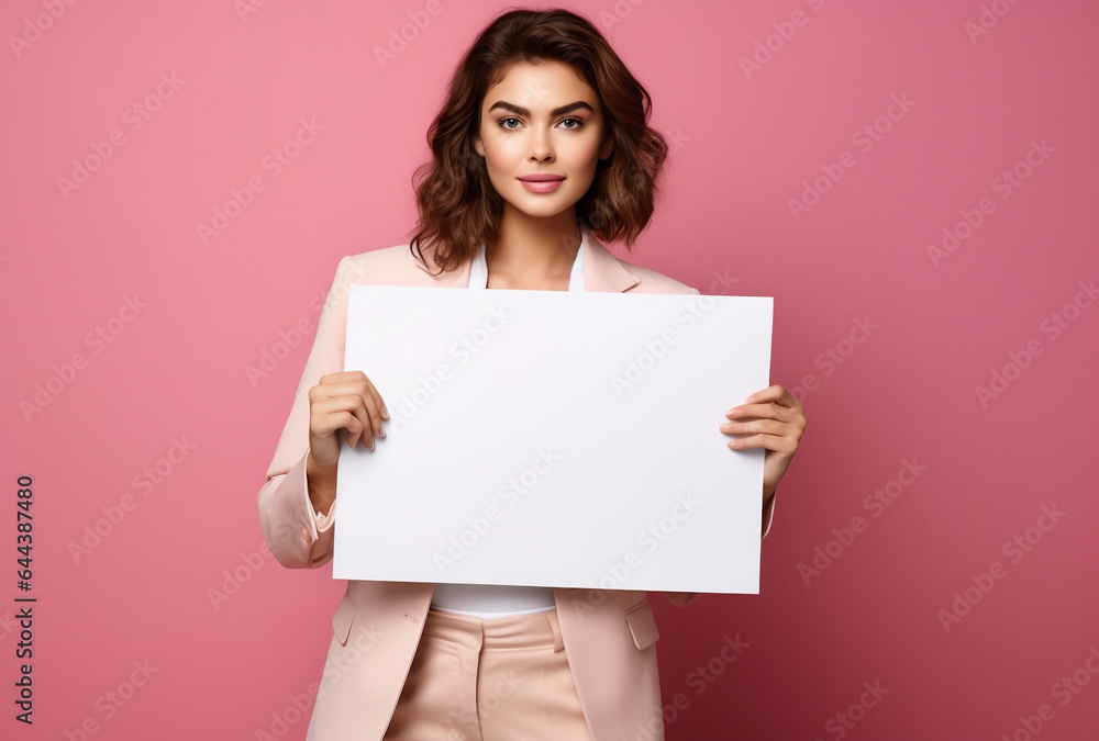 a woman holding a blank board, pink background. AI Generated Images a woman holding a blank board, pink background. AI Generated Images