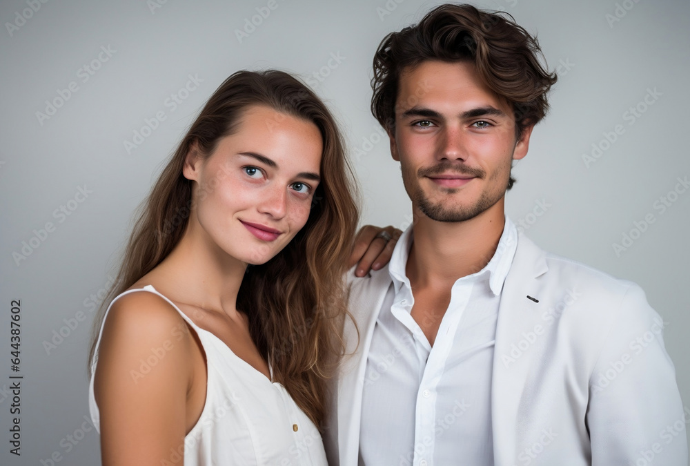 a young couple photo in studio with smiling, white background. AI Generated Images a young couple photo in studio with smiling, white background. AI Generated Images