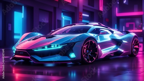 Futuristic super car, high quality, perspective view, neon city background © Nicolae