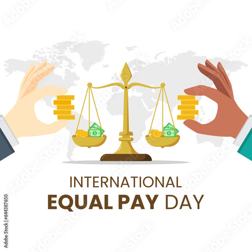 Vector graphic of money scales and hands holding coins cartoon for equal pay day celebration with flat design