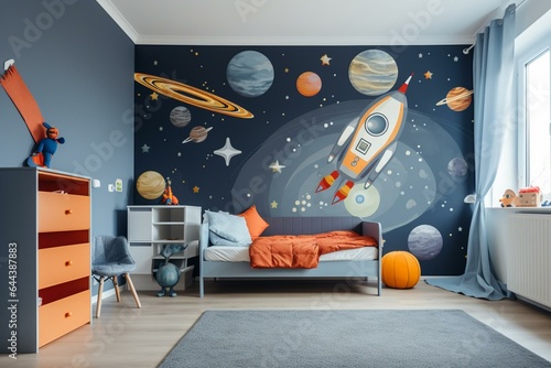 Kid's room space-themed wallpaper with cartoon rocket, planets, and mural art. Generative AI