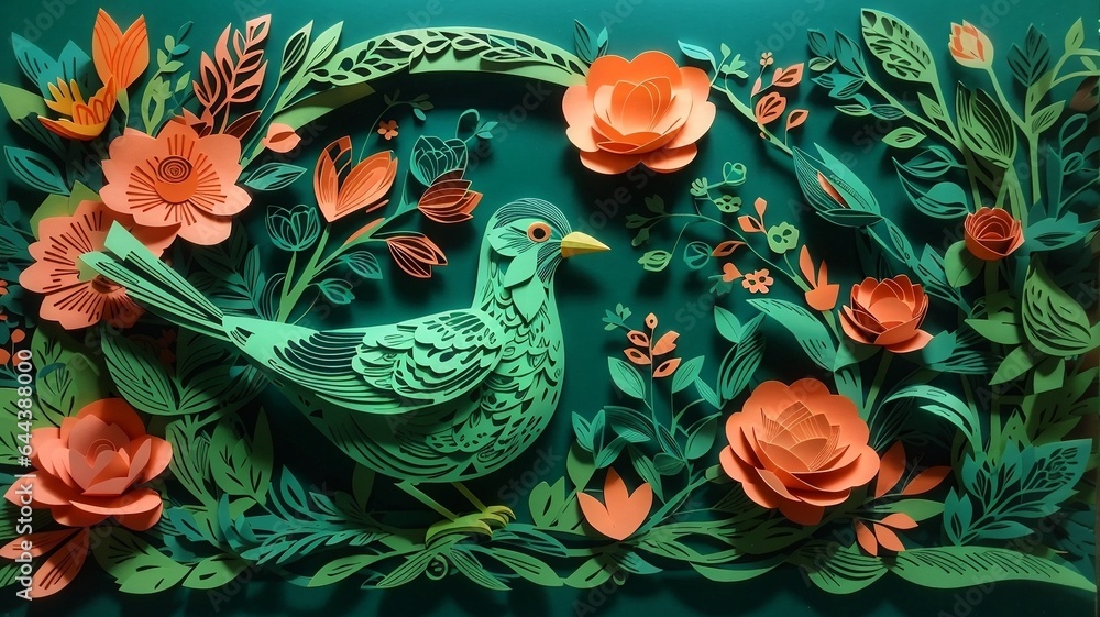 Elegant 3D Paper Art Background, Bird and Flower Illustration in Stunning Detail