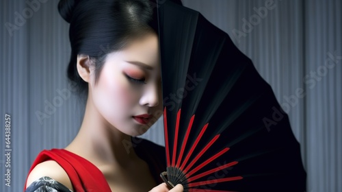 Asian woman with traditional fan and makeup. Generative AI