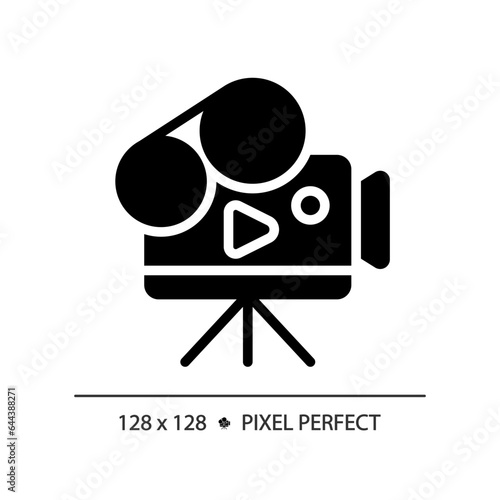 2D pixel perfect glyph style video camera icon, isolated vector, thin line illustration representing journalism.