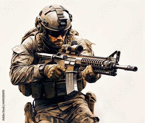Abstract Digital AI United States Navy Seal Commando in Action, Aiming Assault Rifle. White Background photo
