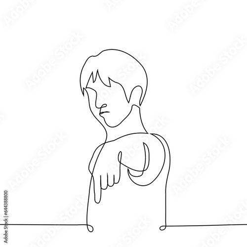 displeased or angry man showing down hand gesture - one line art vector. concept to order to go down, to point someone in his place, domination, suppression, humiliation