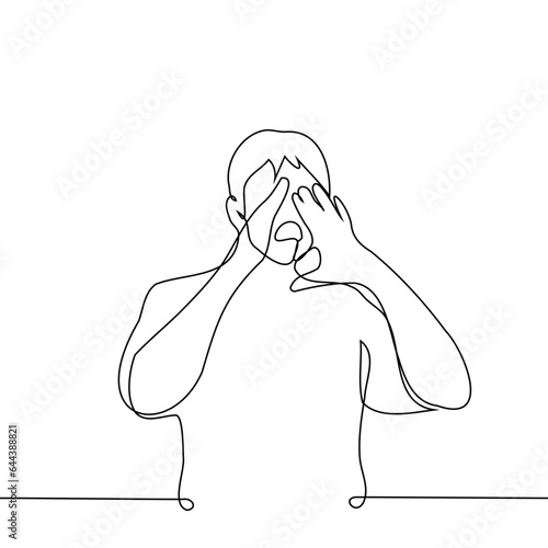 man stands shouting with his hands to his mouth - one line art vector. concept shout out loud, attract attention, shoutout