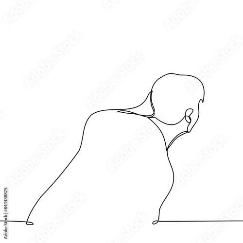 man peeping crouching and holding his hand against the wall - one line art vector. concept curious, peep or eavesdrop
