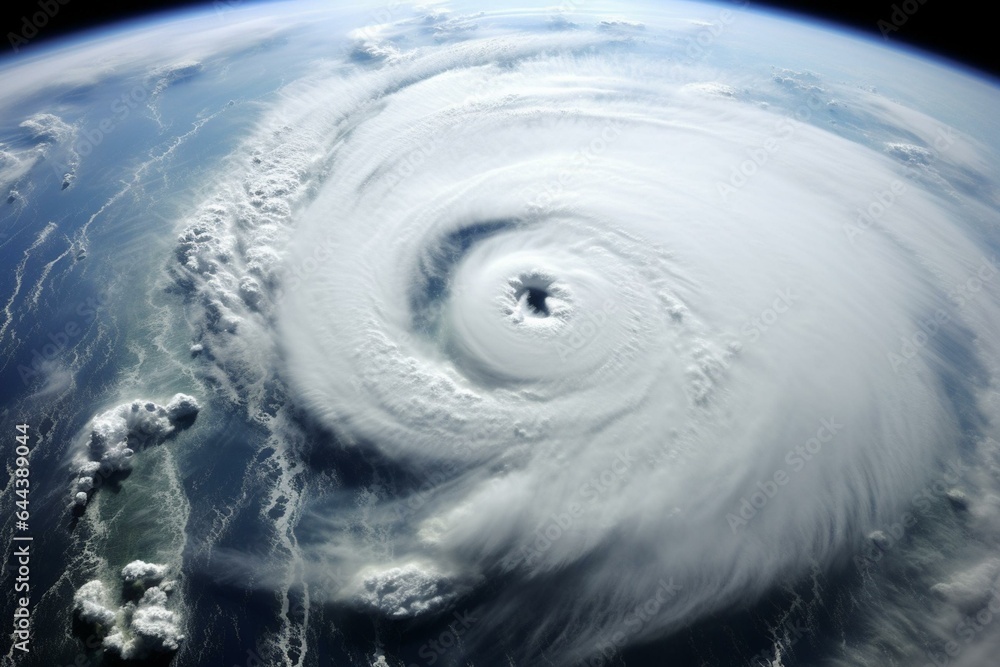 Aerial view of hurricane's eye, a cyclone caused by climate change. Generative AI