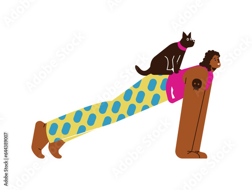 Happy woman doing plank exercise with dog on back flat style, vector illustration