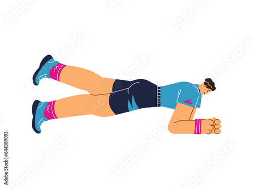Smiling young man doing plank exercise with leg up flat style, vector illustration