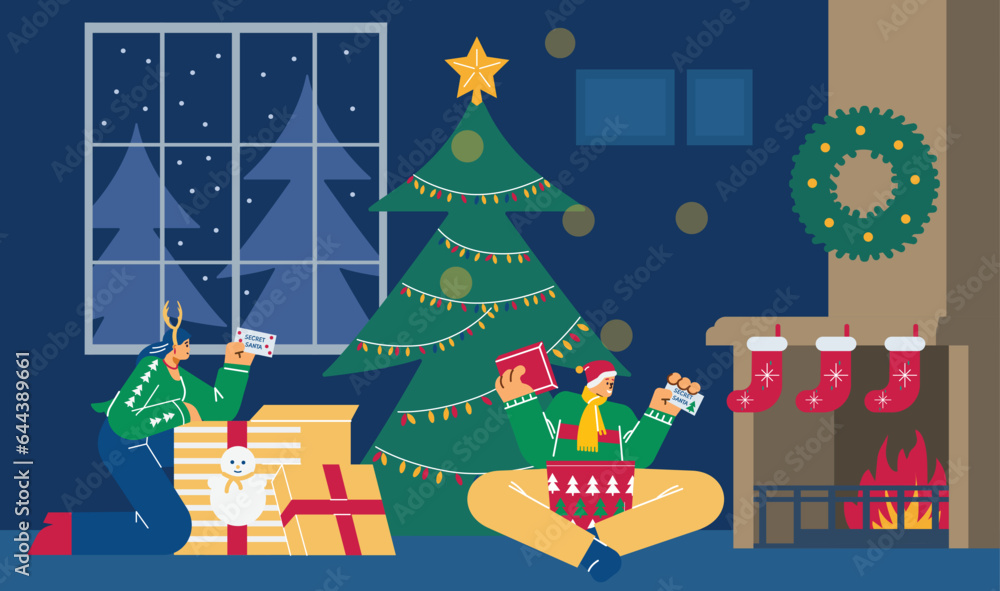 Happy people unwrapping gifts from secret Santa, flat vector illustration.