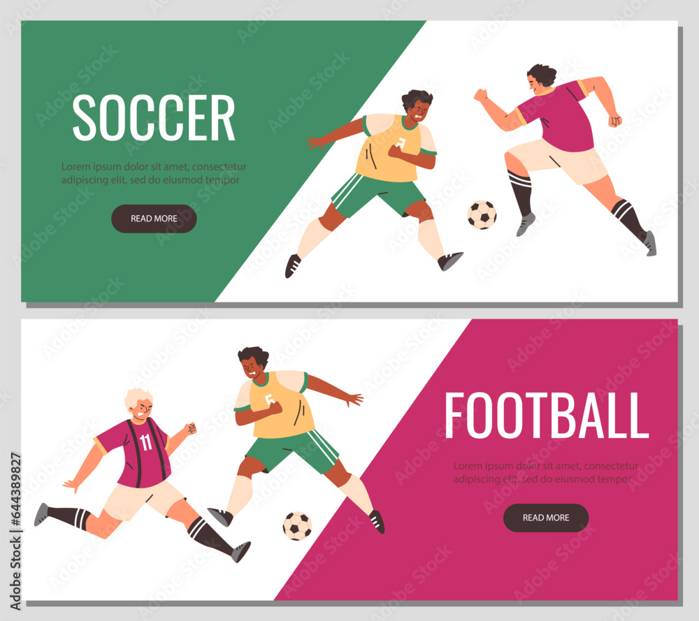 Football and soccer web banners set, flat vector illustration. Men playing football. Football and soccer web banners set, flat vector illustration. Men playing football.
