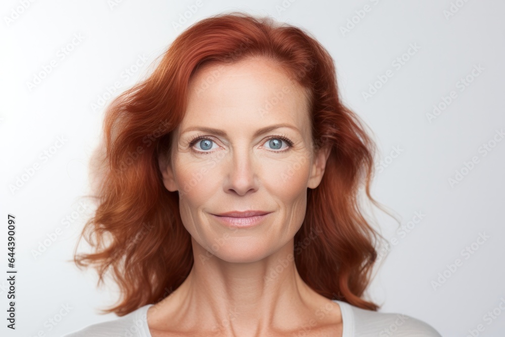 Portrait of Pleasant Looking Middle Aged Woman With Ginger Hair, Perfect Skin and Blue Eyes. Portrait of Pleasant Looking Middle Aged Woman With Ginger Hair, Perfect Skin and Blue Eyes.