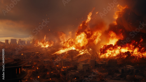 Cataclysmic Convergence: Fiery Explosions Ravage Fictional City, Symbolizing War, Natural Disasters, Doomsday, Fire, Nuclear Accidents, Terrorism, and Meteorite Strike.