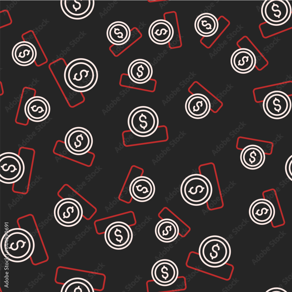 Naklejka premium Line Coin money with dollar symbol icon isolated seamless pattern on black background. Banking currency sign. Cash symbol. Vector